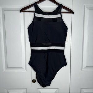 NWT Holipick Black One-Piece Swimsuit high neck mesh and white stripe Large‎